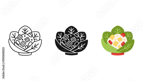 Three variations of a bowl of salad with different colors and designs Vector