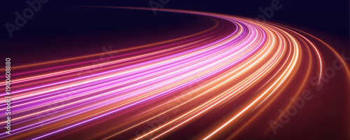 Dynamic orange-pink neon streaks flow along the highway with glowing curved trails. Motion blur emphasizes acceleration, speed, and futuristic energy. Perfect for racing or digital layouts vector
