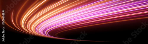 Flowing neon orange-pink streaks race along the highway, forming bright glowing curved trails. Motion blur and luminous lines convey speed, acceleration, and dynamic energy. Perfect for racing or digi