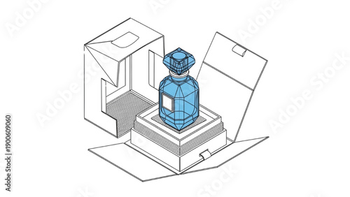 Black Continuous Line Art Isometric Exploded Luxury Fragrance Box with Rigid Carton Cradle and Crystal Bottle