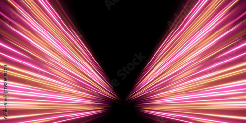 Vibrant orange and pink neon streaks illuminate the urban road with flowing glowing curves. Motion blur emphasizes acceleration and high-speed motion. Ideal for sci-fi or racing visuals vector