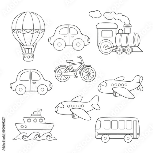 Transportation Collection: An engaging illustration showcases a variety of transportation modes, each meticulously outlined. From hot air balloon to train, car, bicycle, airplane, ship and bus. 