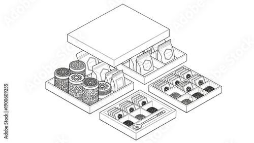 Black Line Art Isometric Exploded Luxury Tea and Coffee Gift Box with Compartmented Trays and Sealed Containers