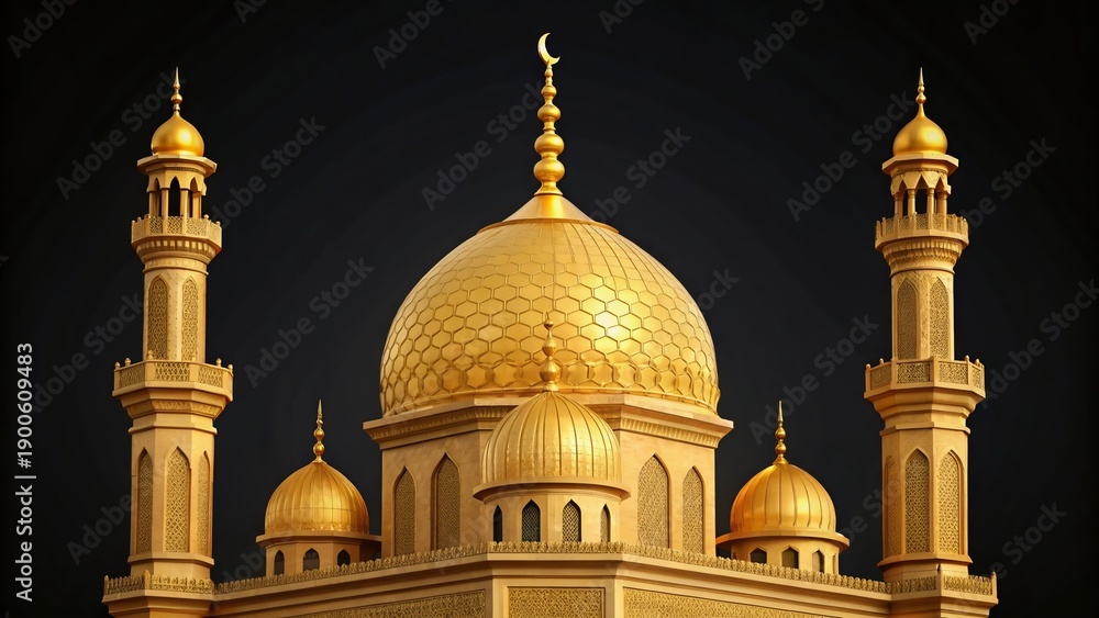 Obraz premium Golden mosque model with intricate architecture on black background