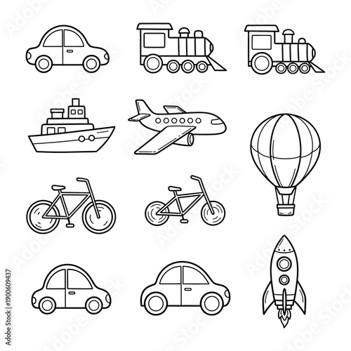 Collection of Transport Vehicles: A charming collection of various transport vehicles, each meticulously depicted in a simple, elegant style, perfect for illustrating concepts of travel and movement.
