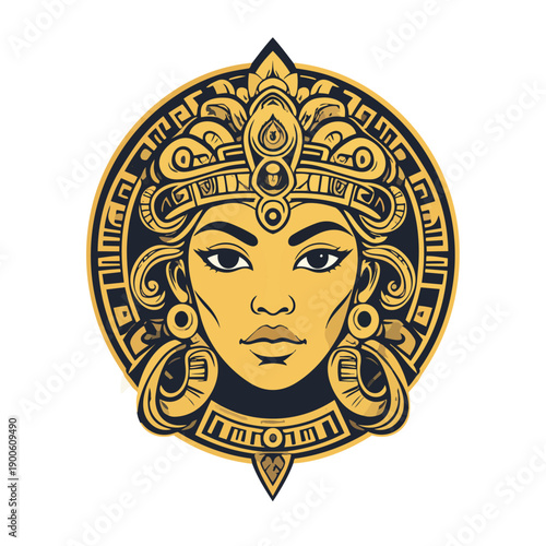 a golden medusa head looking forward with a Mayan Border 