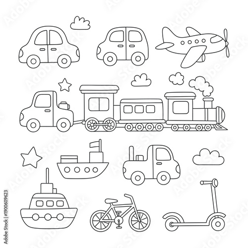 Assorted Transportation: A collection of charming, simple illustrations of various modes of transportation for playful designs or educational content. 