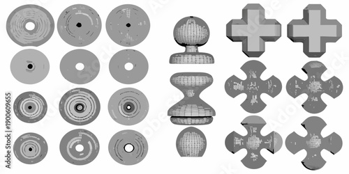 Variety of patterned cylindrical and cruciform shapes in grayscale