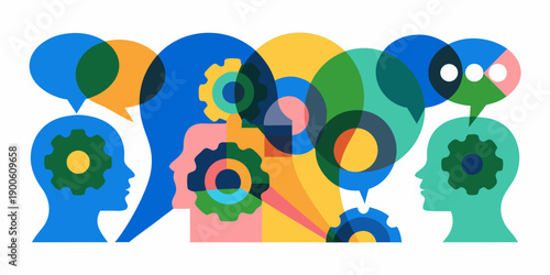 Overlapping silhouettes of heads with speech bubbles and gears
