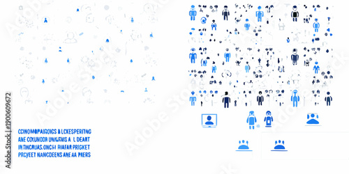 Abstract blue silhouettes of people and shapes on a white background