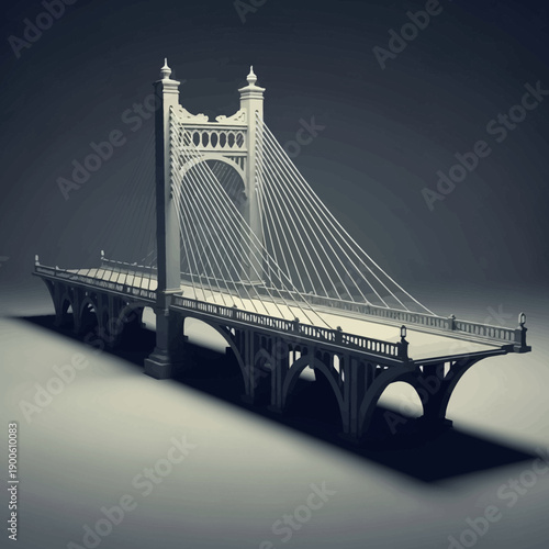 Detailed Model of a Suspension Bridge with Ornate Towers.