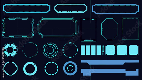 Futuristic user interface elements in teal and dark blue tones