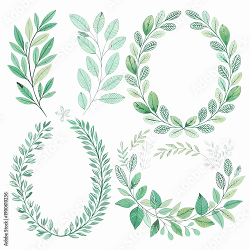 Collection of green leafy wreaths and branches in various arrangements and styles viewed from directly above