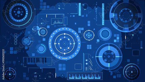 Abstract futuristic interface with glowing blue geometric shapes and technological elements