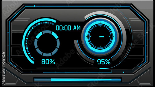 Futuristic interface displaying time and percentage gauges with a teal glow
