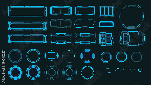 Blueprint of futuristic user interface elements in a glowing cyan color
