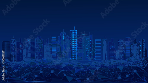 Fotografie A blue cityscape silhouette built upon a glowing polygonal network
