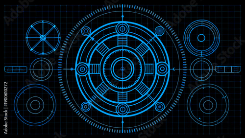 Futuristic interface with concentric circles and technical diagrams