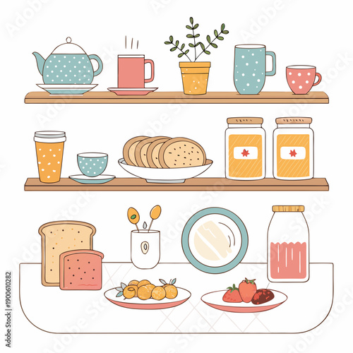 A kitchen countertop with breakfast items including bread, fruit, and beverages displayed on wooden shelves and a counter in a cozy kitchen setting from a direct viewpoint.