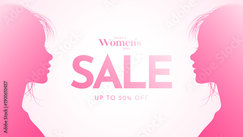 Women's Day Sale commercial banner for International Women's Day. Women's Day big sale promotional banner with pink background.