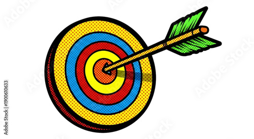 Colorful dartboard with arrow hitting the center in pop art style  