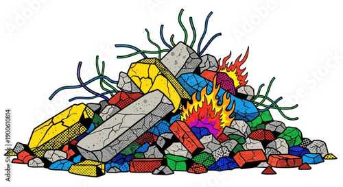 Colorful rubble pile with debris and flames in abstract style  