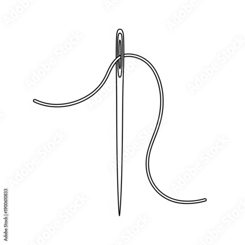 Sewing needle threaded with black thread on white background  