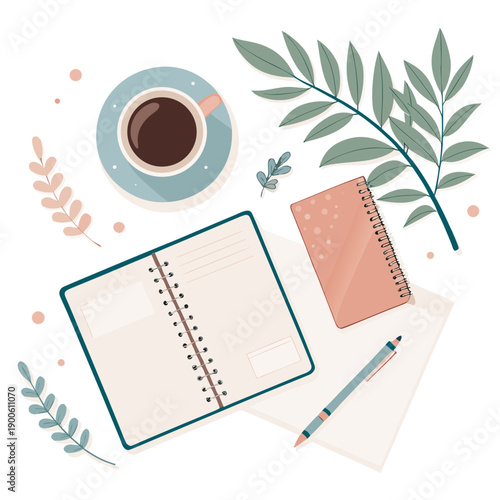 A serene workspace setup with a notebook, coffee, and stationery surrounded by leaves viewed from directly above