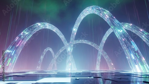 futuristic illuminated arches creating a mesmerizing skyline with vibrant colors and dynamic light