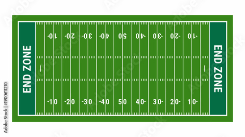 American Football Field Top View with Yard Lines and End Zones.