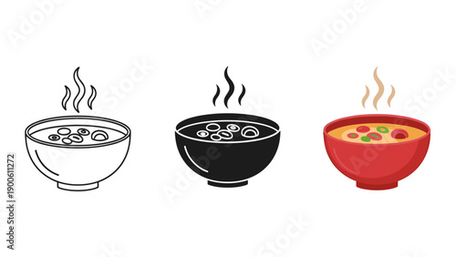 Three steaming bowls of food in different colors Vector