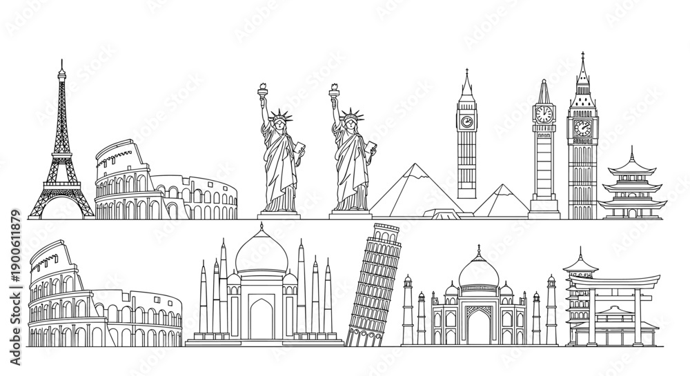 Fototapeta premium Black and white outline icons of world famous travel landmarks