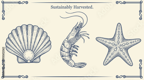 Engraved premium collection showcasing sustainable sea life with shrimp, starfish, and scallop illustrations 
