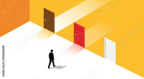 A lone businessman stands at a crossroads, facing three distinct doors illuminated by separate paths, symbolizing crucial choices, future directions, and important decisions in a vibrant yellow and or