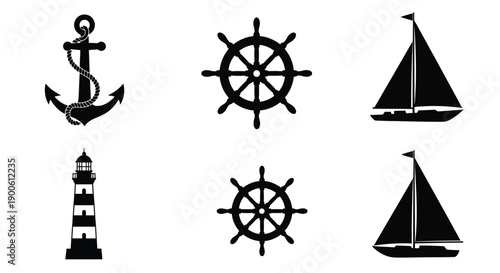 Nautical icons anchor ship s wheel sailboat and lighthouse illustrations