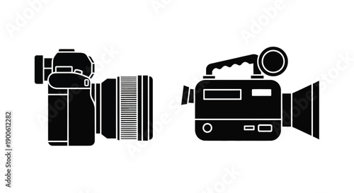 Two black silhouette icons depicting a professional camera and a camcorder