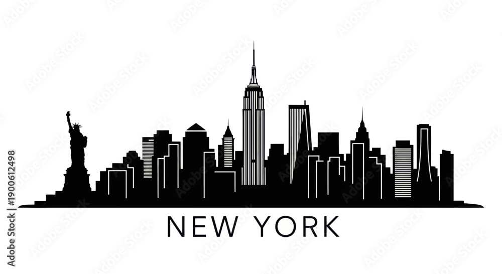 Obraz premium A striking black silhouette of the iconic New York City skyline, featuring the Statue of Liberty and prominent skyscrapers, against a pure white background.