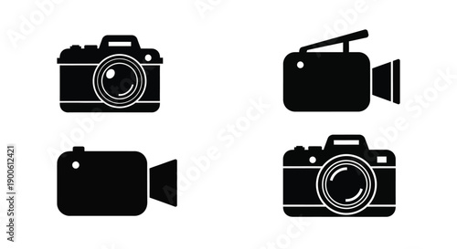 Four black silhouette icons depicting vintage and modern cameras