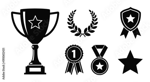 Black and white icons depicting awards trophies and a number one medal