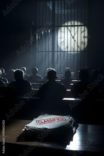 A stack of classified documents in a dark room with silhouetted figures and a large clock behind bars.