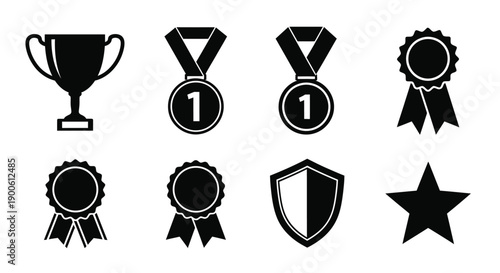 Black silhouette icons representing various awards and achievements