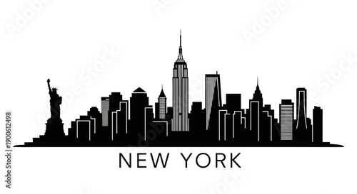 A striking black silhouette of the iconic New York City skyline, featuring the Statue of Liberty and prominent skyscrapers, against a pure white background.