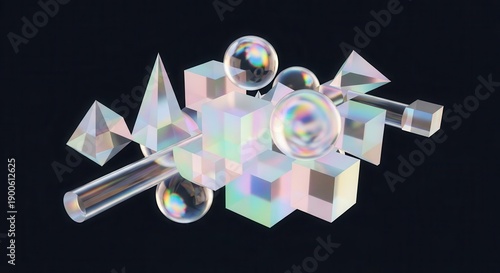 Iridescent geometric shapes and translucent spheres aggregate in a dark space.