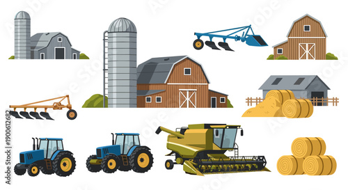 Farm buildings and agricultural machinery collection on white