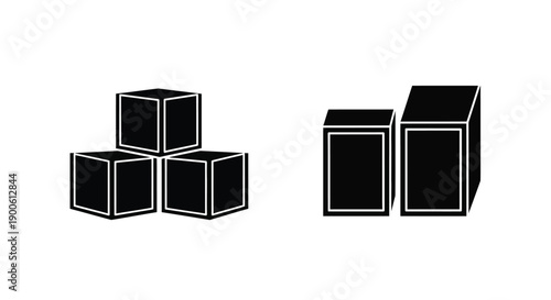 Black geometric shapes stacked and paired cubes in minimalist design