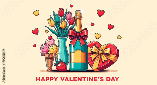 This delightful "Happy Valentine's Day" illustration features a bouquet of tulips, a champagne bottle, an ice cream cone, and a heart-shaped gift box, all surrounded by floating hearts.