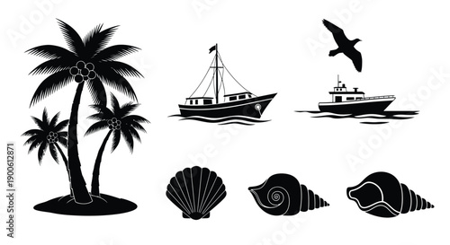 Tropical scene with palm trees boats seashells and a flying bird