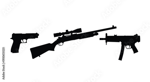 Silhouette depiction of a handgun rifle with scope and submachine gun