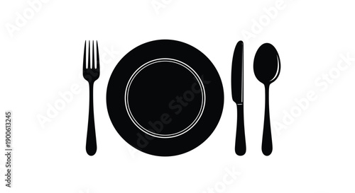 Black and white flatware arrangement featuring a fork plate knife and spoon