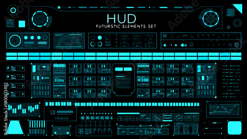 Futuristic heads up display elements arranged in a dark complex interface